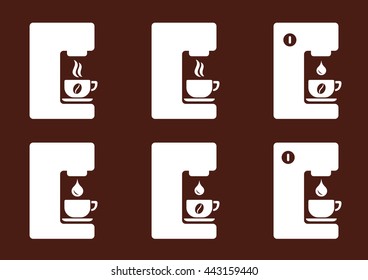 coffee machine drip equipment white icons set on brown background