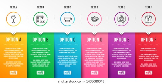 Coffee machine, Dry cappuccino and Coffee icons simple set. Bordeaux glass, Espresso cream and Water bottles signs. Cappuccino machine, Beverage mug. Food and drink set. Infographic template. Vector