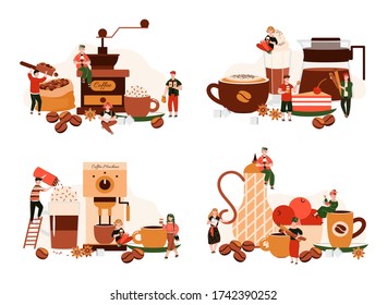 Coffee machine equipment and tiny barista people making cafe drinks