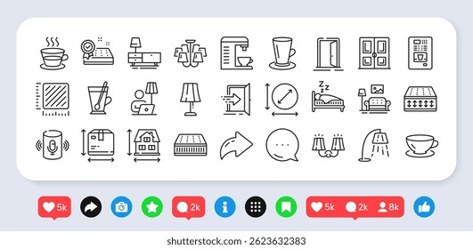 Coffee machine, Espresso and Mattress line icons pack. Social media: share, comment, like icons. Door, Entrance, Open door web icon. Sconce light, Voice assistant, Floor lamp pictogram. Vector