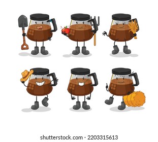 coffee machine farmer group character. cartoon mascot vector