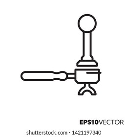 Coffee machine filter holder and tamper line icon. Outline symbol of barista equipment and hot drinks preparation. Kitchenware flat vector illustration.