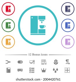 Coffee machine iconos de color plano en contornos de forma circular. 12 íconos adicionales incluidos.