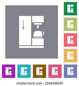 Coffee machine flat icons on simple color square backgrounds