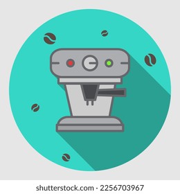 Coffee machine flat square icon with long shadows.
