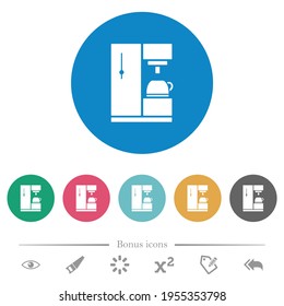 Coffee machine flat white icons on round color backgrounds. 6 bonus icons included.