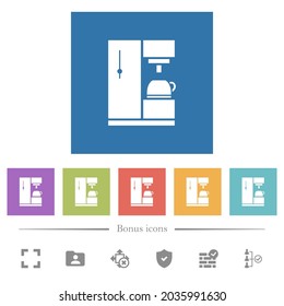 Coffee machine flat white icons in square backgrounds. 6 bonus icons included.