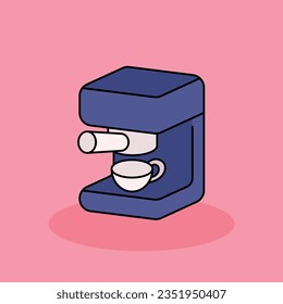 Dibujo de icono de dibujos animados libres de la máquina del café.Icono de signos y textos de mediodía aislados. estilo de dibujos animados planos