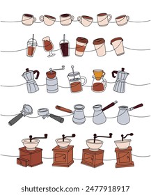 Coffee machine, gooseneck kettle, grinder, Italian coffee maker, cups, portafilter, Turkish pot, French press continuous one line colored illustration