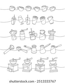 Coffee machine, gooseneck kettle, grinder, Italian coffee maker, cups, portafilter, Turkish pot, French press continuous one line illustration.