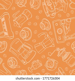 Coffee machine and coffee grinder. Coffee and coffee cup. Espresso, cappuccino and latte. Seamless vector pattern (background). Cartoon print.
