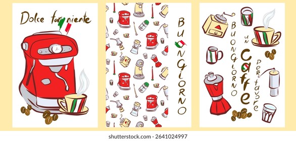 Coffee machine, coffee grinder, Turkish coffee, milk frother, filter coffee, French press. Hand drawn vector clip art, cards.