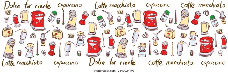 Coffee machine, coffee grinder, Turkish coffee, milk frother, filter coffee, French press. Hand drawn vector clip art, banner, poster.