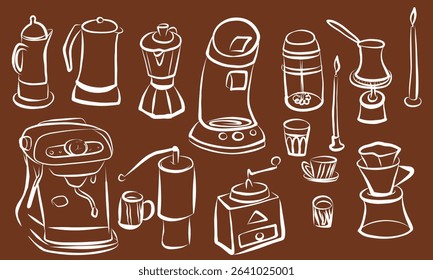 Coffee machine, coffee grinder, Turkish coffee, milk frother, filter coffee, French press. Line art. Hand drawn vector clip art.