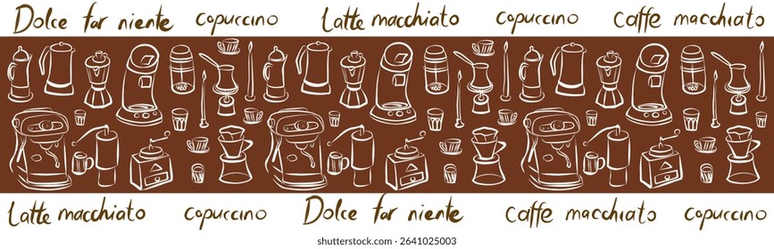 Coffee machine, coffee grinder, Turkish coffee, milk frother, filter coffee, French press. Hand drawn vector clip art, banner, poster.