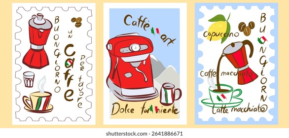 Coffee machine, coffee grinder, Turkish coffee, milk frother, filter coffee, French press. Hand drawn vector clip art.Poster, greeting cards.