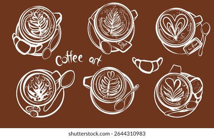 Coffee machine, coffee grinder, Turkish coffee, milk frother, filter coffee, French press. Hand drawn vector clip art.