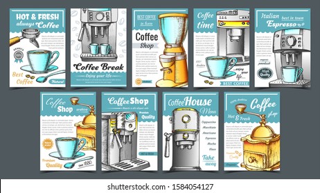 Coffee Machine, Holder And Cup Posters Set Vector. Portafilter, Manual Grinder And Mug With Hot Drink Machine Details. Concept Template Designed In Vintage Style Colorful Illustrations