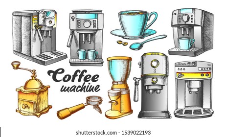 Coffee Machine, Holder And Cup Retro Set Vector. Portafilter, Manual Grinder And Mug With Hot Drink Machine Details. Engraving Concept Template Designed In Vintage Style Color Illustrations