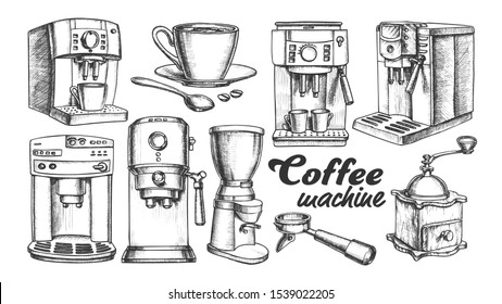 Coffee Machine, Holder And Cup Retro Set Vector. Portafilter, Manual Grinder And Mug With Hot Drink Machine Details. Engraving Concept Template Designed In Vintage Style Monochrome Illustrations