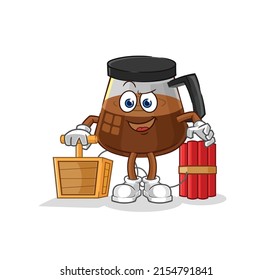 coffee machine holding dynamite detonator. cartoon mascot vector