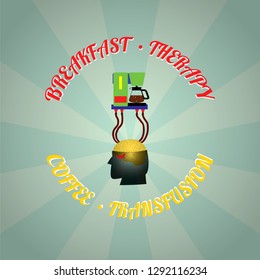 A coffee machine hooked to a man's brain as coffee transfusion for humour concept. Vector illustration.