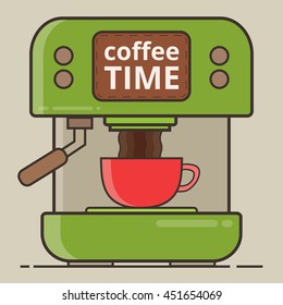 Coffee machine with a hot coffee cup. Flat vector illustration.