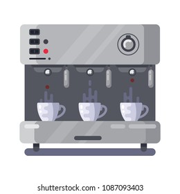 Coffee machine with a hot coffee cups on white background. Vector illustration in flat style.