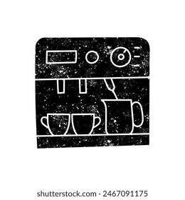 Coffee machine icon cup, portafilter, milk frother black hand drawn icon in grunge look