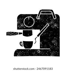 Coffee machine icon cup, portafilter, milk frother black hand drawn icon in grunge look