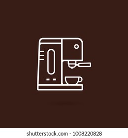 Coffee machine icon. Espresso machine outline icon with brown background. Equipment vector illustration. Icon coffee machine with cup in flat line design style