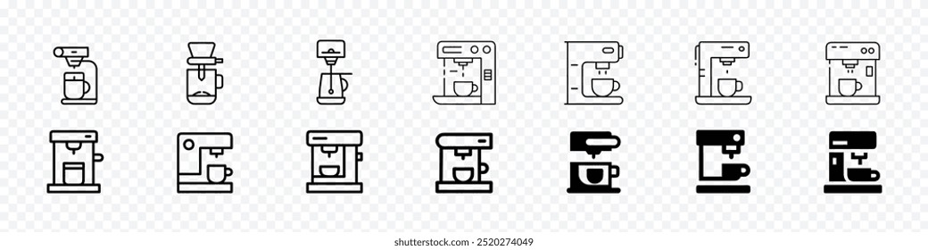 Symbol der Kaffeemaschine, Vektorgrafik der gefüllten Kaffeemaschine, Vektorgrafik der Kaffeemaschinen, Symbol der Kaffeemaschine, Zeilensymbole der Kaffeemaschine. Kaffeegetränkemaschinen. Coffein-Maschinenzeilensymbol