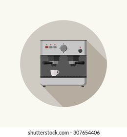 Coffee machine icon in flat style on round button.