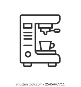 Máquina de café, icono en diseño de línea. Café, máquina, espresso, fabricante, elaboración de cerveza, bebida, aparato en Vector de fondo blanco. Icono editable del movimiento de la máquina de café