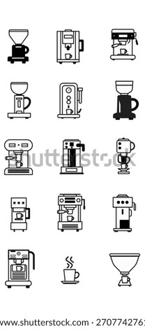 Coffee Machine Icon Set: Black and White Vector Graphics of Various Coffee Makers and Brewing Tools