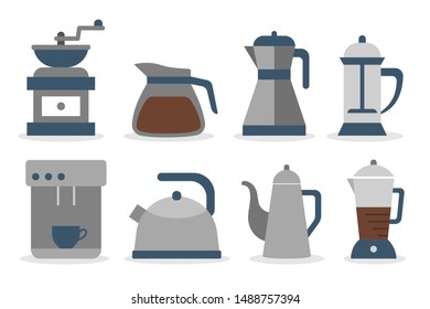 Coffee machine icon set. Collection of coffee making tool. Hot beverage, espresso drink. Symbol for cafe menu. Isolated vector illustration in flat style