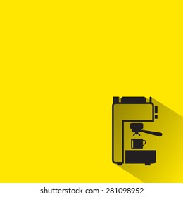 Coffee machine icons with long shadow on yellow background . 