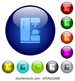 Coffee machine icons on round glass buttons in multiple colors. Arranged layer structure