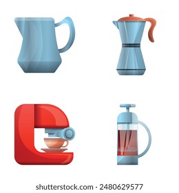 Iconos de la máquina de café conjunto de Vector de dibujos animados. Equipo de elaboración de café. Bebida matutina