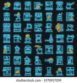 Coffee machine icons set. Outline set of coffee machine vector icons neon color on black