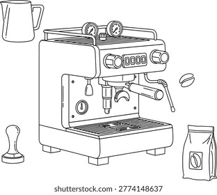 Coffee machine illustration with accessories and beans