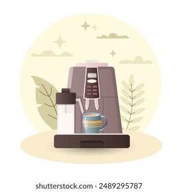 Coffee machine illustration. Coffeemaker, cup, button, display.