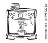 Coffee machine illustration. Sketch of making flavored coffee. Kitchen appliances. Isolated object. 
