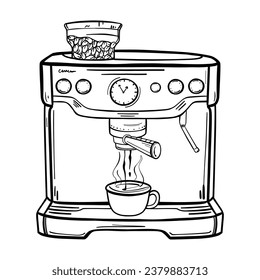 Coffee machine illustration. Sketch of making flavored coffee. Kitchen appliances. Isolated object. 