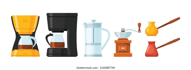 Icono Aislado Del Equipo De Cocina De Coffee Machine. Fabricante de espresso con maceta de vidrio, prensa francesa, bizcocho turco, equipo de despiece de café para uso doméstico y elaboración de bebidas calientes. Ilustración del vector de dibujos animados