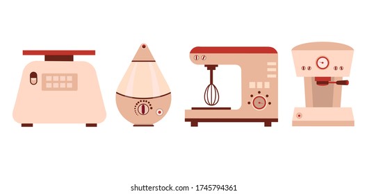 Coffee machine, kitchen scale, humidifier, mixer. Home appliances, kitchen appliances. Flat vector illustration. Icons