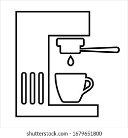 Coffee machine line icon. Coffee maker with portafilter and cup. Vector Illustration