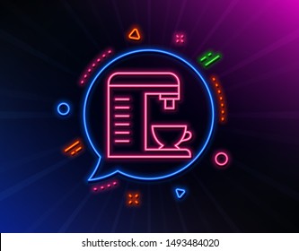 Coffee machine line icon. Neon laser lights. Hot drink sign. Fresh beverage symbol. Glow laser speech bubble. Neon lights chat bubble. Banner badge with coffee machine icon. Vector