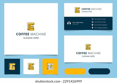 Coffee machine logo design with editable slogan. Branding book and business card template.