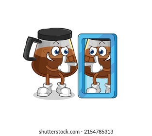 coffee machine looking into mirror cartoon. cartoon mascot vector